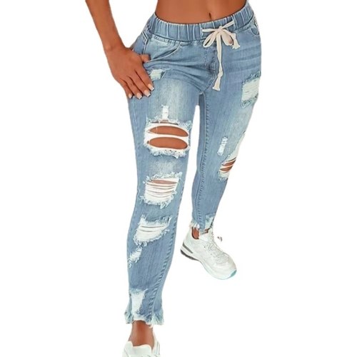 

Elastic Waist Ladies Jeans High-Waisted Ripped Slim Trousers Lace-Up Trousers, Size: S(Light Blue)
