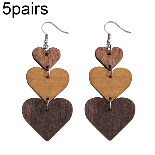

5pairs Wooden Carved Heart Shape Stitching Long Earrings(1)
