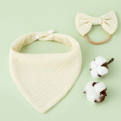 

Baby Cotton Gauze Drool Towel + Bow Hairband Set Baby Bibs(Beige)