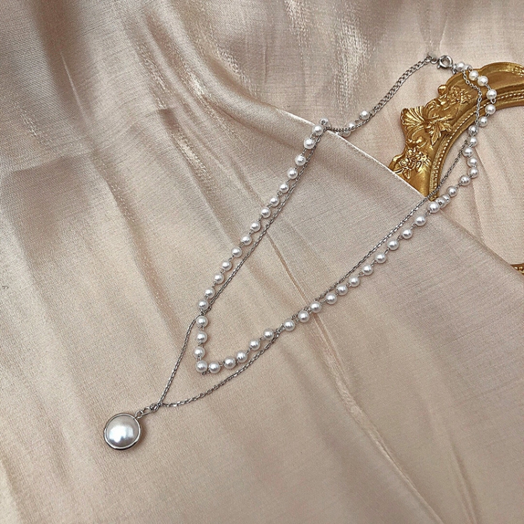 

10pcs Simple Beaded Double-Layer Pearl Pendant Necklace(Silver)
