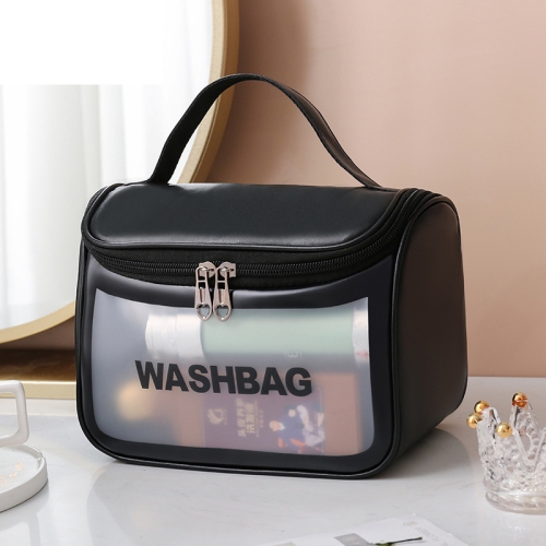 PVC Translucent Cosmetic Bag Frosted Toiletry Bag PU Flip Top Bath Bag(Black)
