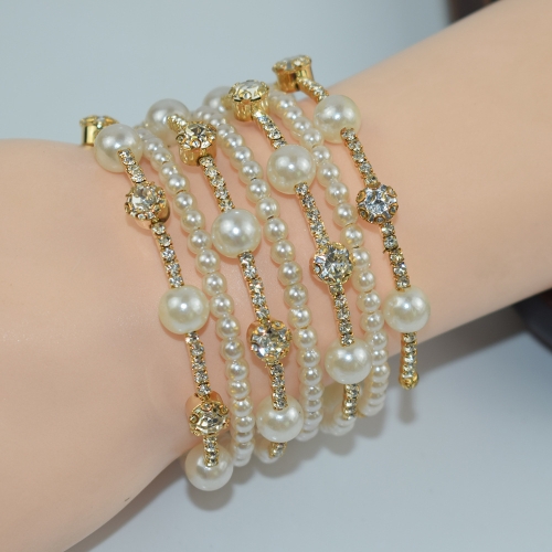 

7 Row Gold Simple Rhinestone Pearl Wrapped Arm Bracelet Versatile Bracelet