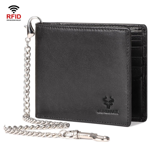 

HUMERPAUL RFID Anti-Magnetic Men Pickup Card Bag Metal Chain Short Leather Wallet, Color: Black With Orange Box