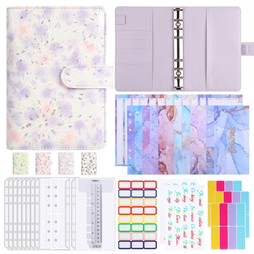 

A6 PU Leather 6-hole Cash Budget Book Small Floral Pattern Binder Hand Ledger Notebook(Purple)