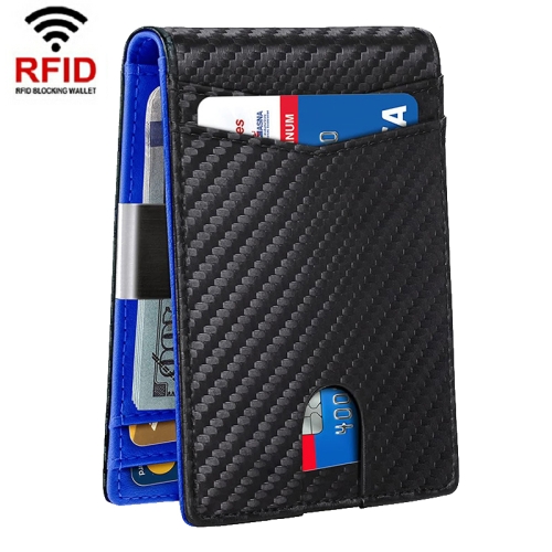 

RFID Anti-Magnetic And Anti-Theft Leather Multi-Card Credit Card Wallet Coin Purse(Carbon Fiber Black+Blue Inner)