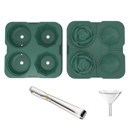 

4-Holes Rose Diamond Shape Cocktail Ice Cube Molds Silicone Ice Ball Maker, Color: Dark Green with Ice Clip