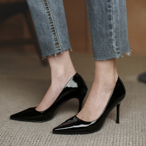 

Women Autumn Patent Leather Shoes Pointed Toe High Heels Pumps, Size: 34(Black 9 cm)