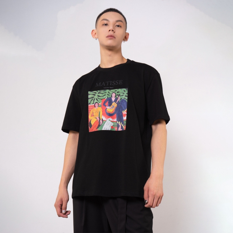 

Men Pure Cotton Short Sleeve Guitar Oil Painting Loose All-Match T-Shirt, Size: S(Black)