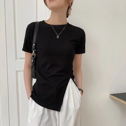 

Women Summer Short-sleeved T-shirt With Hem Slit Design Round Neck Top, Size: M(Black)