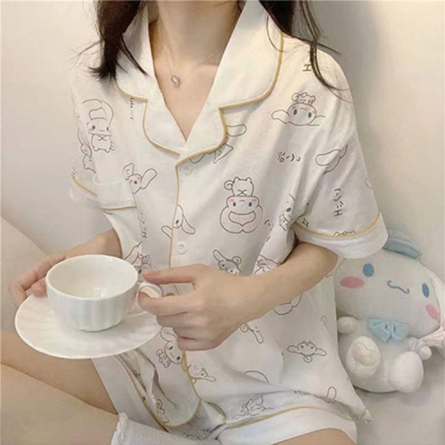 

Cartoon Summer Short-sleeved Pajamas Shorts Cardigan Large-size Homewear Two-Piece Suit, Size: M(Long-eared Rabbit)