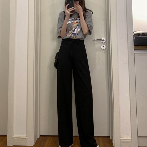 

Summer Ice Silk Drooping Wide-Leg Pants High-Waisted Loose Straight Leg Lounge Pants, Size: S(Black)