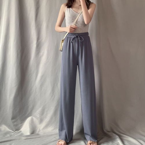 

Summer Ice Silk Drooping Wide-Leg Pants High-Waisted Loose Straight Leg Lounge Pants, Size: S(Blue)