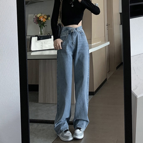 

Women Straight Loose Crossover High Waist Wide Leg Jeans, Size: XS(Light Blue Cropped Pants)