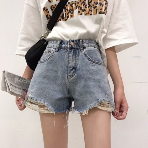 

Women Summer Ripped Jeans Shorts Slimming Raw Edge Loose Straight-Leg Pants, Size: S(Blue)