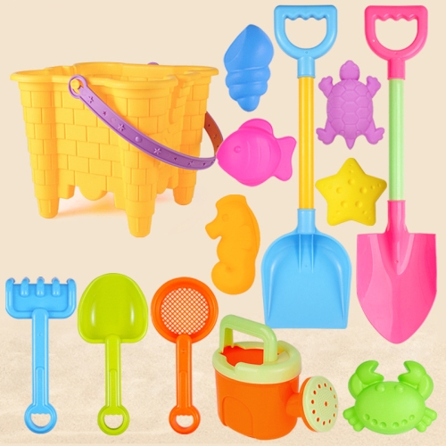 

13pcs/Set Children Beach Toys Set Large Sand Shovel Bucket Sand Digging Tools Hourglass, Color: Yellow Square Castle