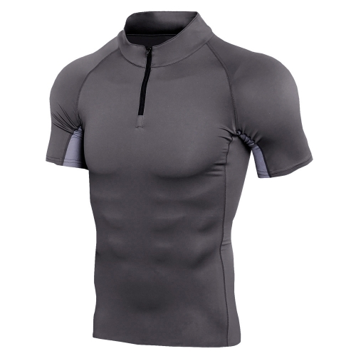 Mens Short Sleeve Quick Dry Gym Wear Fitness Clothing With Zipper Neck, Size: S(Gray)
