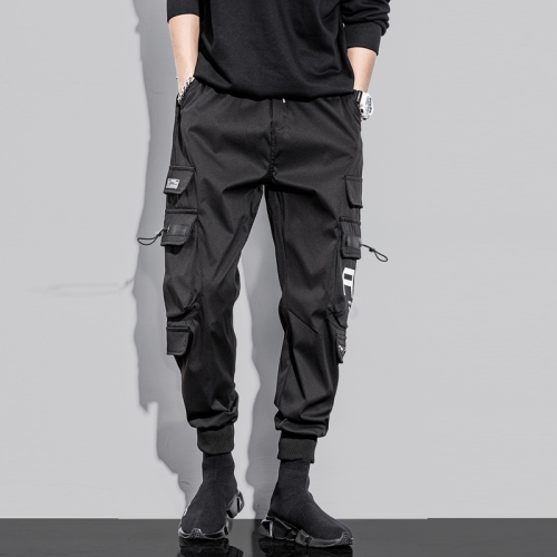 Mens Drawstring Pants Loose-Fitting Pants With Multiple Pockets, Size: XXL(Black)