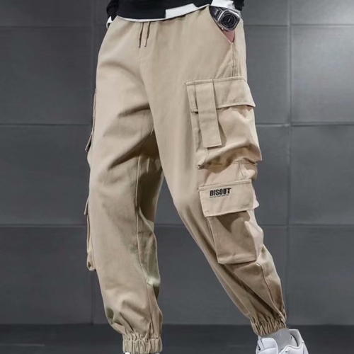 Mens Drawstring Trousers Multi-Pocket Casual Pants, Size: M(Khaki)