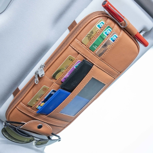 

Car Driver License Storage Bag Sun Visor Sunglasses Card Holder, Color: Brown