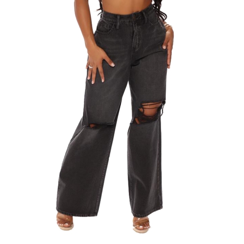 

Women Loose High-waisted Wide Leg Jeans, Size: S(5018-2 Black)