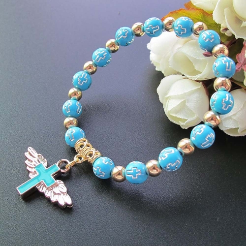 Gold Stamped Acrylic Angel Cross Bead Bracelet, Color: Blue