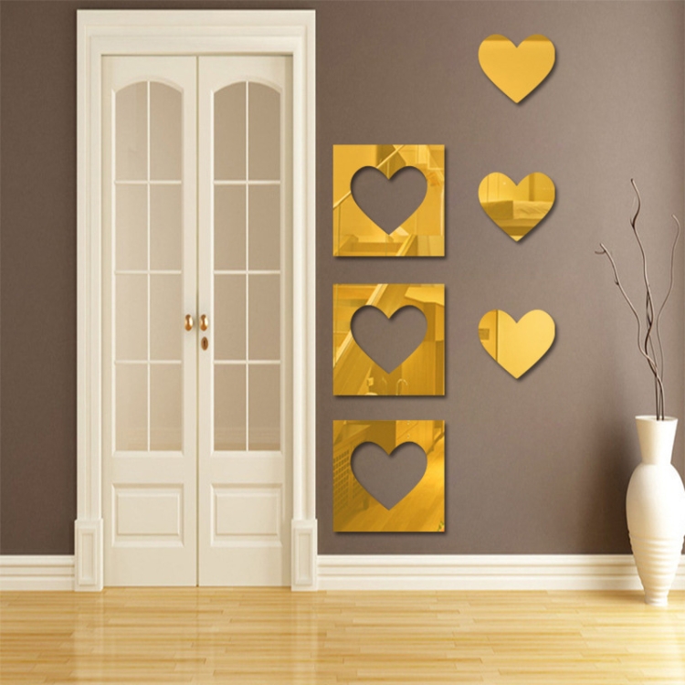 

6pcs /Set Acrylic Heart Combination Mirror Stereo Wall Stickers Home Decoration Soft Mirror(Gold)