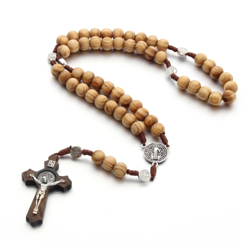 

Round Wood Beads Hand-knitted Vintage Cross Necklace