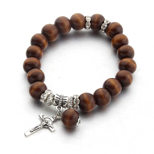 

Couple Wooden Beads Elastic Cord Bracelet Alloy Cross Beads(Coffee)