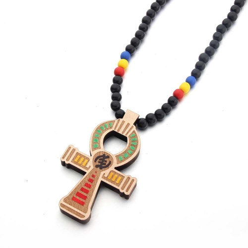 Halskette mit Holzperlen-Kreuz-Anhänger, Hip-Hop-Schmuck, Farbe: Farbe