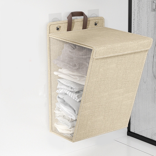 

Foldable Hanging Laundry Basket Dirty Clothes Organiser with Lid, Color: Beige 56 x 39 x 13cm