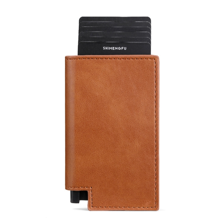 

Pop-up Leather Metal Card Holder RFID Bifold Wallet(Brown)