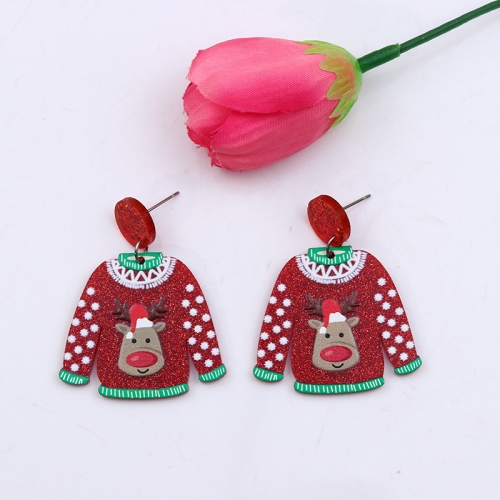 

1pair Sweater Christmas Earrings Cute Elk Snowman Earstuds, Color: Elk Red
