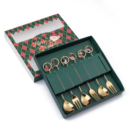 

6pcs /Pack Christmas Stainless Steel Spoon And Fork Cutlery Gift Set, Style: 304 Circle+Green Box