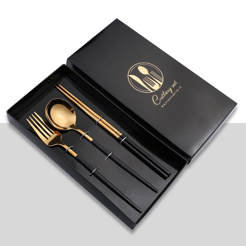 

3pcs /Pack Stainless Steel Glossy Mirror Flatware Gift Set, Style: With Chopsticks (Black Golden)