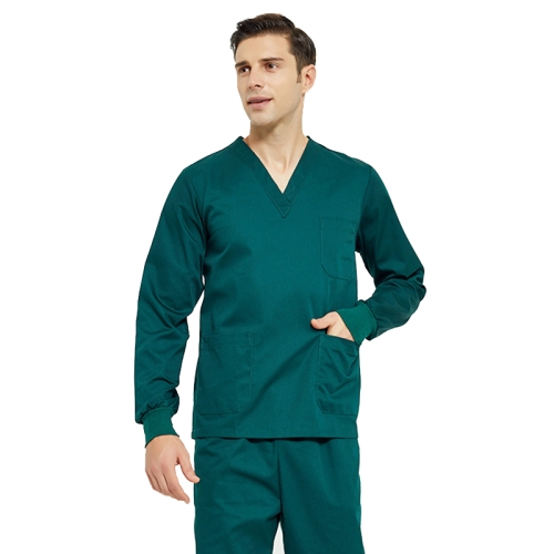 

Men Scrub Pet Dental Work Clothes Long-sleeved Top + Pants Set, Size: XXXL(Dark Green)