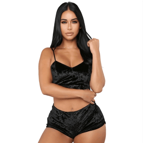 

Ladies Sexy Velvet Crop Tops Pants Set Underwear Pajamas, Size: S(Black)