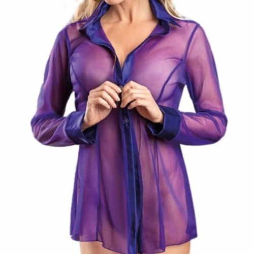 See-through Mesh Cardigan Shirt Pajamas Sexy Underwear For Women, Size: S(Purple)