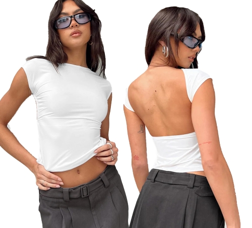 Women Sexy Backless Top Comfortable Breathable Slim Fit T-Shirt, Size: S(ESSO026  Wine Red)