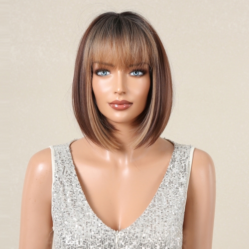 

Women Full Bangs Bob Light Breathable Full Head Wig(Highlight Brown LC2132-1)