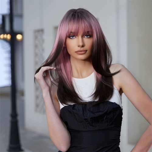 

Cosplay Punk Style Gradient Long Straight Wig with Bangs(Pink Gradient Dark Brown)