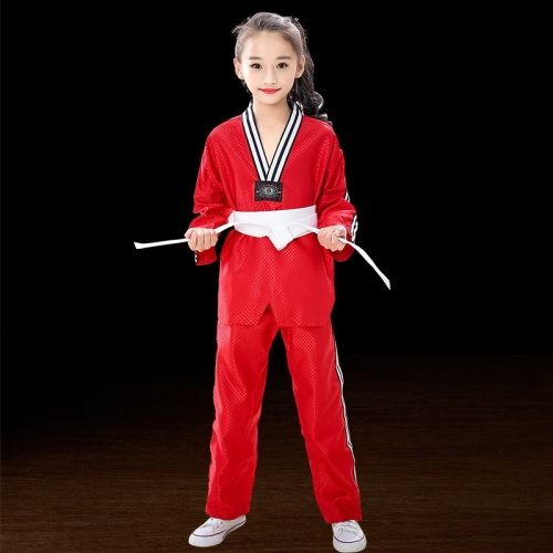 

Child Adult Cotton Men And Women Taekwondo Clothing Training Uniforms, Size: 130(Plus Bar Red)