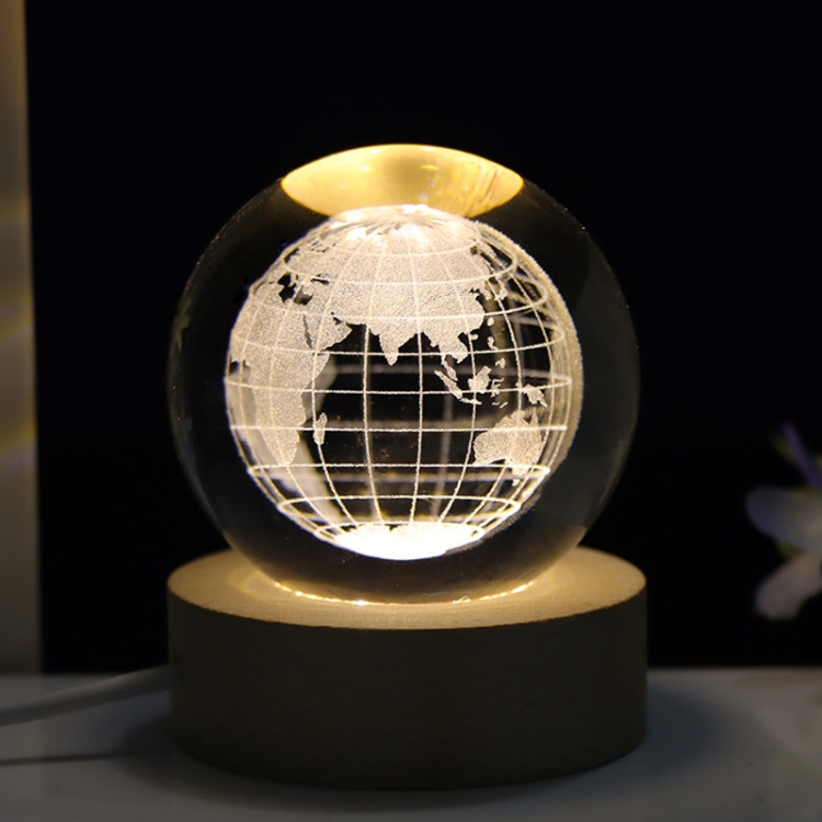 

6cm With Warm Light Base 3D Laser Engraved Crystal Ball Night Light USB Glowing Glass Ball, Style: Earth