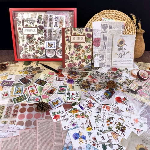 

265 In 1 Retro Floral Scrapbook Set Includes A6 Notebook + Stickers + Tape + Stamps + Scrapbook Paper(SH011)