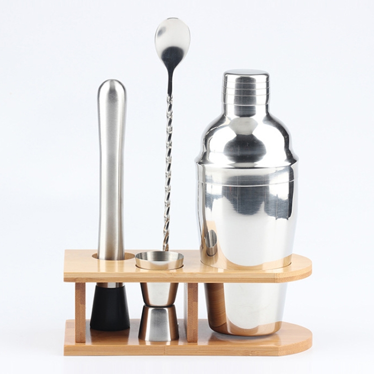 

750ml 4 In 1 Stainless Steel Mixer Set With Bamboo Stand Shaker Tools