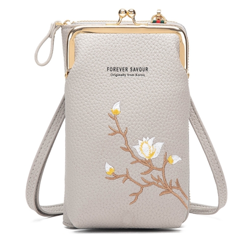 Mini Embroidered Single-shoulder Phone Bag Crossbody Long Ladies Wallet, Color: Gray