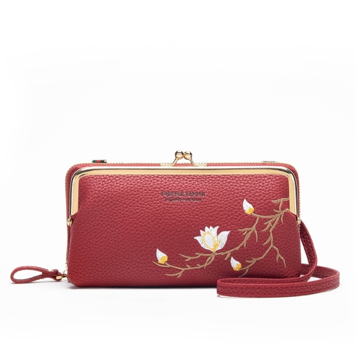 Embroidered Large Capacity Single-shoulder Phone Bag Crossbody Zipper Long Ladies Wallet, Color: Wine Red for meta quest 3 hard suitcase expandable capacity shoulder backpack