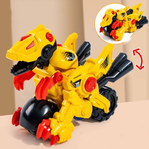 

2 In 1 Dinosaur Transforming Engineering Car Inertial Automatic Crash Toy, Color: Motorcycle-Velociraptor Yellow