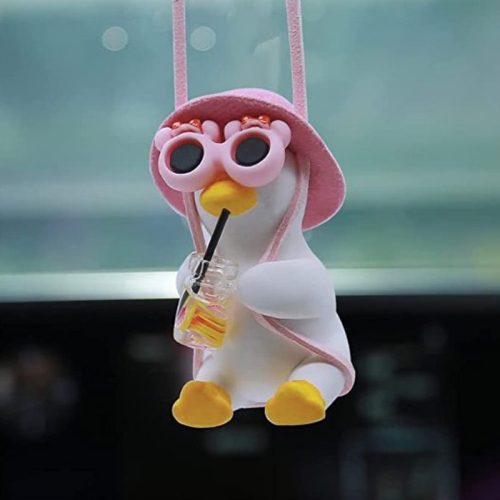 

Car Cartoon Duck Rear View Mirror Interior Pendant(Drink Glasses Pink Hat Duck)