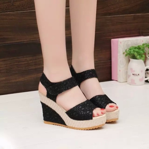 

Summer Women Sandals Slope Heel Lace Open Toe Adhesive One Word Buckle Strap Muffin Thick Bottom Shoes, Size: 35(Black)