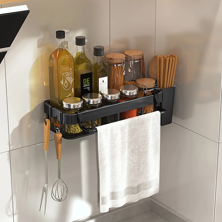 Wall-mounted Kitchen and Bathroom Storage Rack with 4 Hooks, Spec: Shelf + Pole+Cup